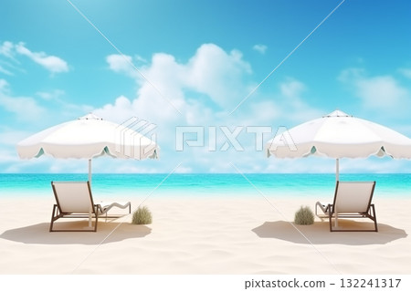 Beautiful beach with sunbed and umbrella. Generative AI Beautiful beach with sunbed and umbrella. Generative AI 132241317