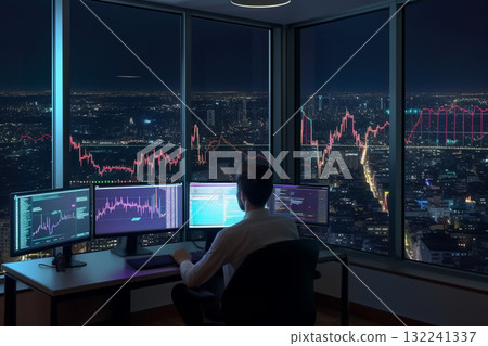 an doing analysis behind multiple screens and night cityscape background. Generative AI 132241337