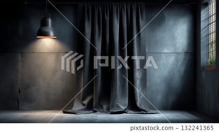 Dark Moody Studio Backdrop with Black Velvet Texture and Lighting 132241365