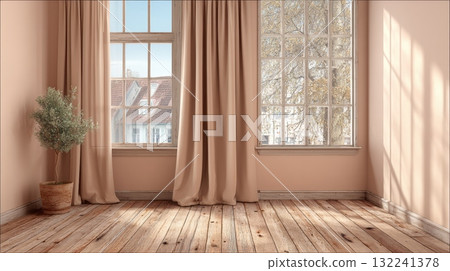 Elegant Beige Studio Backdrop with Soft Curtains and Natural Light 132241378
