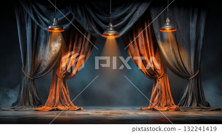 Dramatic Studio Backdrop with Black Velvet Curtains and Moody Lighting 132241419