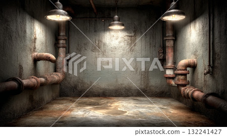 Urban Studio Backdrop with Concrete Walls and Industrial Pipes 132241427
