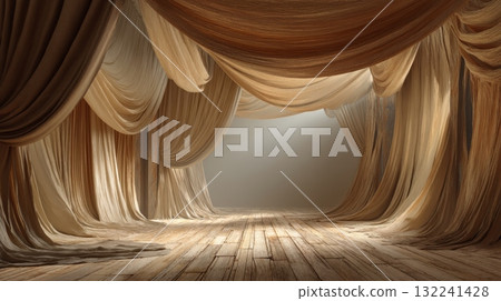 Elegant Beige Studio Backdrop with Soft Drapes and Natural Lighting 132241428