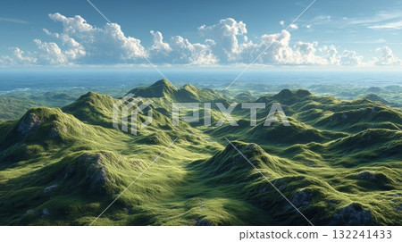 Lush Green Hills Under a Vast Blue Sky with Fluffy White Clouds 132241433