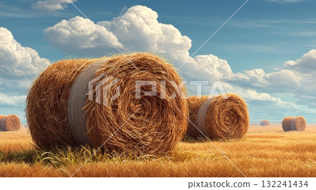Beautiful Field with Round Hay Bales Under Blue Sky and Clouds Beautiful Field with Round Hay Bales Under Blue Sky and Clouds 132241434