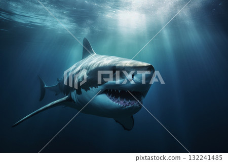 Great white shark in deep blue waters. Generative AI Great white shark in deep blue waters. Generative AI 132241485