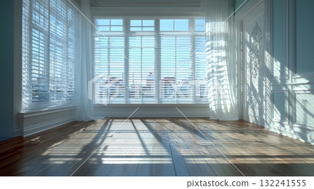 Bright Room with Window Shadows and Light Play on Hardwood Floor 132241555