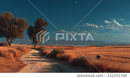 Serene Dirt Road Surrounded by Lush Trees Under a Clear Sky 132241598