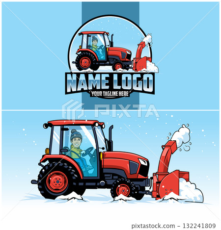 Truck snow plowing badge logo template. Snow removal services company logo design template. Vector illustration of snow blower 132241809