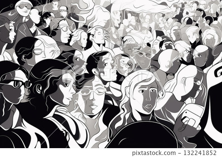 Abstract group of crowded people black and white illustration. Generative AI 132241852