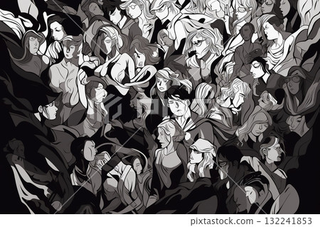 Abstract group of crowded people black and white illustration. Generative AI 132241853