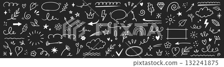 Element line cute sketch icon set. Hand drawn line cute nature decoration element arrow, heart, leaf and sun. Nature leaf, cloud, sketch ornament on chalkboard background. Vector 132241875