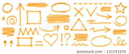 Highlight marker pen set. Hand drawn yellow color highlight with underline, heart, and pen sketch arrow element. Scribble circle shape, check mark sign and dry paintbrush texture. Vector Highlight marker pen set. Hand drawn yellow color highlight with underline, heart, and pen sketch arrow element. Scribble circle shape, check mark sign and dry paintbrush texture. Vector 132241876