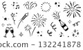 Firework vector new year set. Hand drawn background with doodle sparkler, firecracker and confetti for new year, birthday or holiday celebration. Sketch firework party style. Vector 132241878