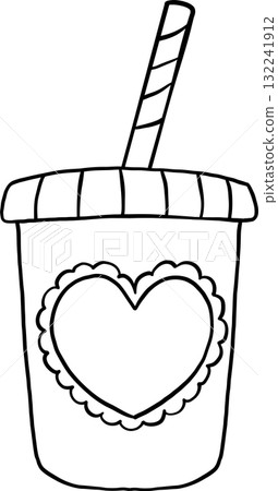 Matcha Outline Doodle Hand Drawn, Coffee Drink Cup with Heart and Straw. Matcha Outline Doodle Hand Drawn, Coffee Drink Cup with Heart and Straw. 132241912