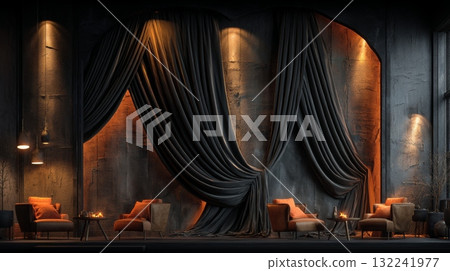Elegant Studio Backdrop with Moody Black Velvet Curtains and Seating 132241977