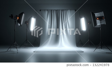 Studio Setup with Seamless White Backdrop and Key Lights 132241978