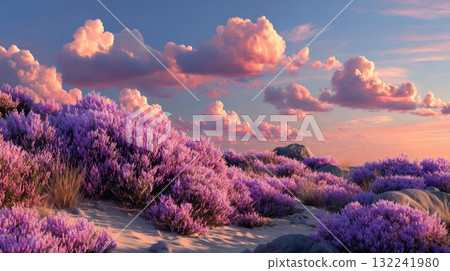 Serene Moor Landscape with Vibrant Purple Heather Under Clouds 132241980