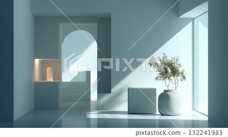 Soft White Studio Backdrop with Natural Light and Minimalist Design 132241983