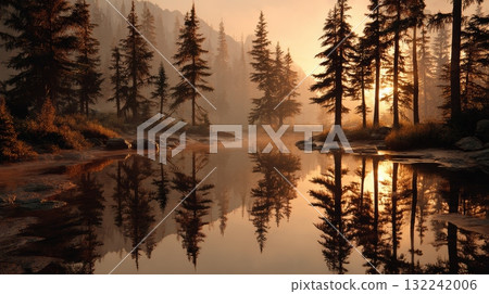 Misty Sunrise Over Calm Water with Pine Forest Reflection 132242006