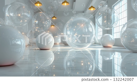Ethereal Backdrop with Floating Spheres in a Bright Interior Space 132242007