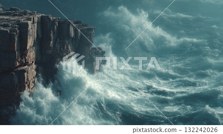Dramatic Cliffside Scene with Crashing Waves and Ocean Backdrop Dramatic Cliffside Scene with Crashing Waves and Ocean Backdrop 132242026