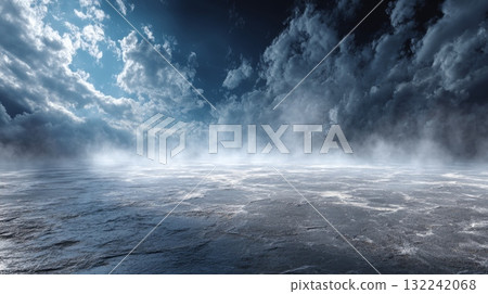 Icy Blue Studio Backdrop with Dramatic Clouds and Atmospheric Effects 132242068