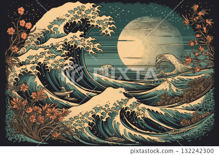 Wave hokusai on rising sun or moon background in japanese style. Generative AI Wave hokusai on rising sun or moon background in japanese style. Generative AI 132242300