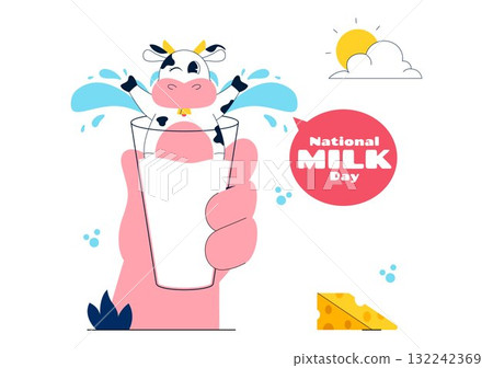 World Milk Day Vector Illustration Featuring a Milk Bottle and Cute Cow Celebrating Dairy Products in Flat Style Cartoon Background 132242369