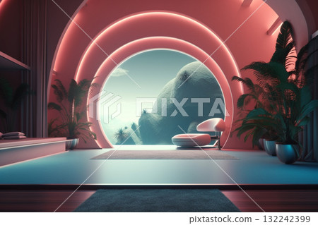 Futuristic Living Room Overlooking an Alien Landscape 132242399