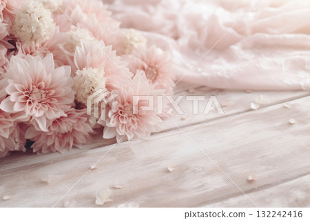 Pastel Dahlias on Rustic Wooden Table 132242416