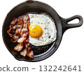 Freshly cooked bacon and fried egg on a white background 132242641