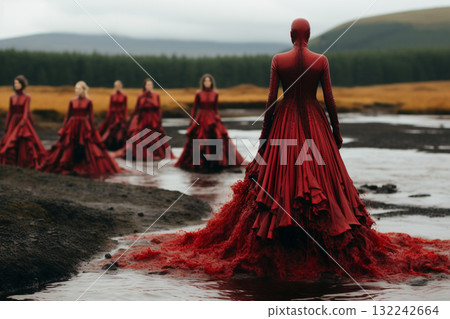Figures in red gowns lined up across a moor with an enigmatic lead figure. 132242664