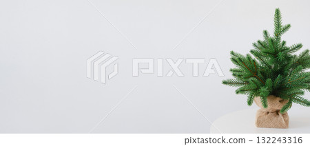 Small potted christmas tree with green branches on white table. Banner format 132243316