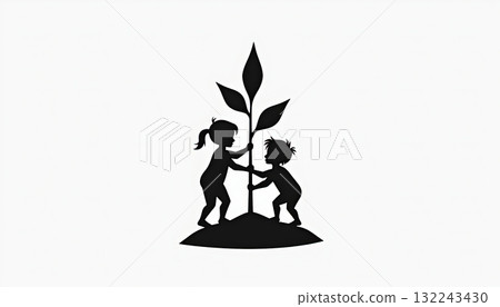 Young Children Together Planting Sapling Environmental Education Symbol 132243430