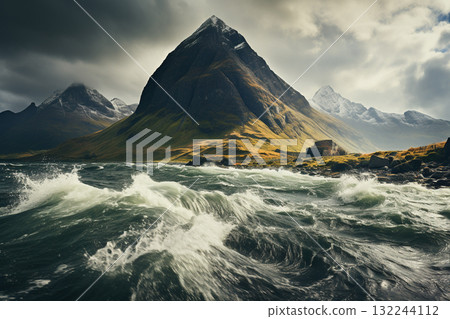Majestic Mountain Landscape with Ocean Waves 132244112