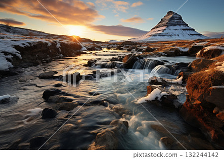 Sunset at a Snowy Mountain River 132244142