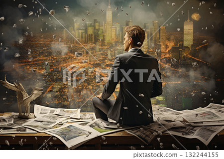 Businessman Overlooking Cityscape Amidst Chaos 132244155