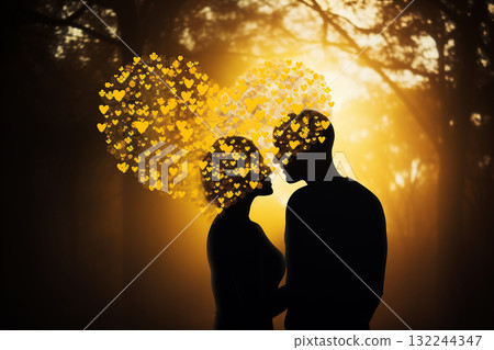 Silhouette of a Couple with Heart-Shaped Bokeh 132244347