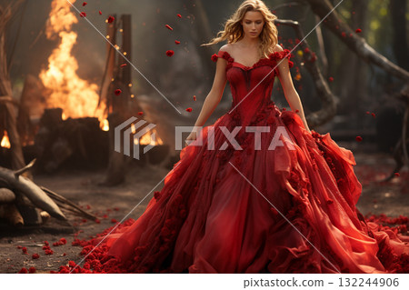Elegant Woman in a Red Gown Amongst Flames 132244906