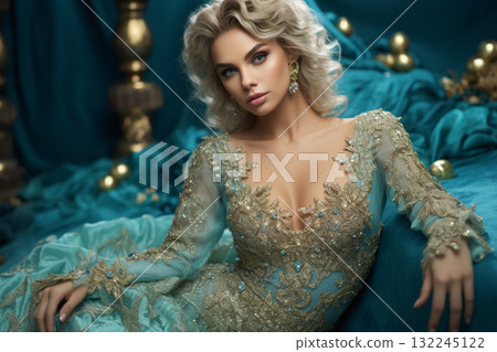 Elegant Woman in Luxurious Blue Gown 132245122