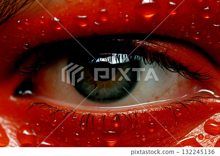 Close-Up of a Human Eye with Red Water Droplets 132245136
