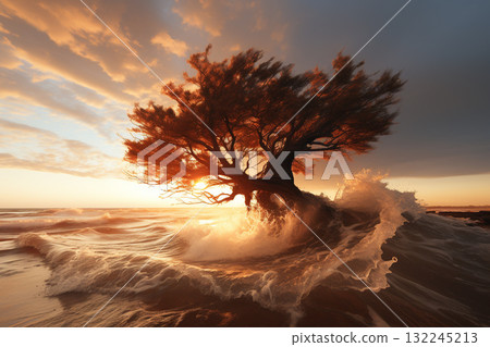 Sunset Silhouette of a Lone Tree Against Ocean Waves 132245213