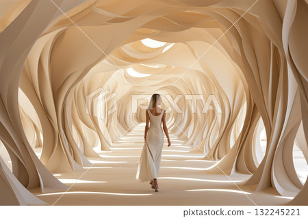 Elegant Woman Walking Through Modern Artistic Hallway Elegant Woman Walking Through Modern Artistic Hallway 132245221