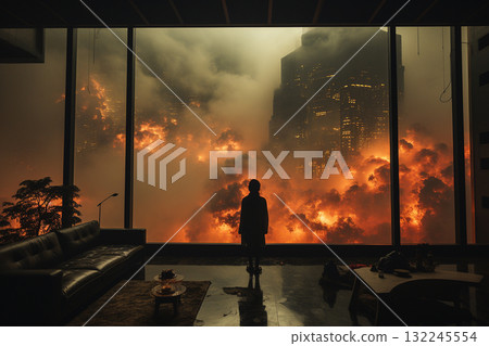 Silhouette Overlooking a Fiery Cityscape Silhouette Overlooking a Fiery Cityscape 132245554