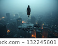 Eerie Cityscape with Levitating Figure 132245601