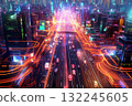 Futuristic Cityscape with Glowing Traffic Trails 132245605