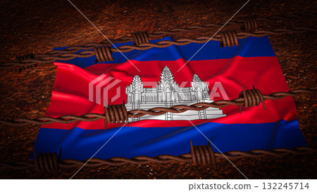 The Cambodia flag and barbed wire for Background 3d Rendering. 132245714
