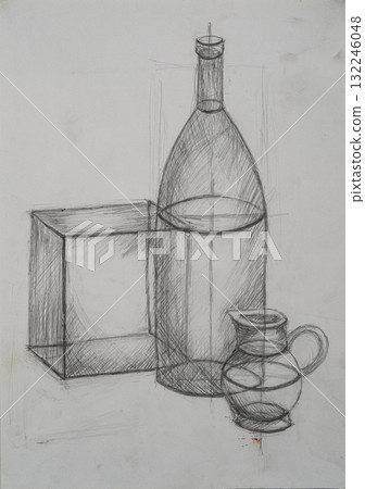 Still life drawing of glass bottle and jug near a box on white paper 132246048