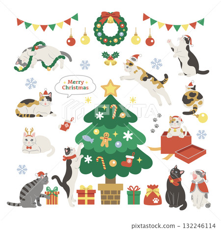 一幅可愛的貓咪享受聖誕節的插圖 132246114